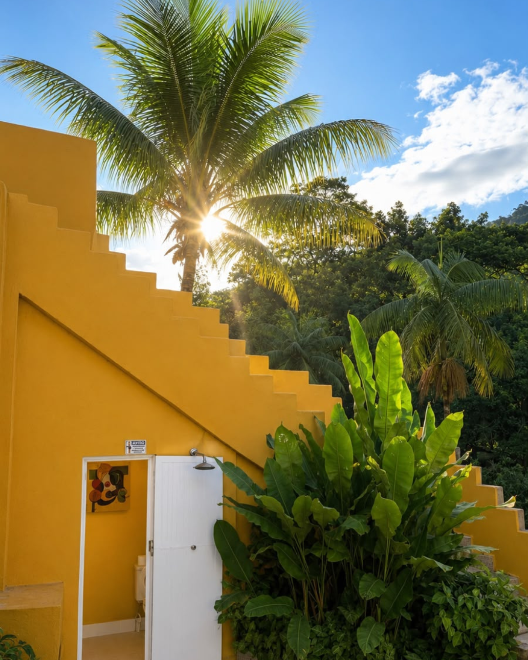 Escadaria amarela com coqueiros
